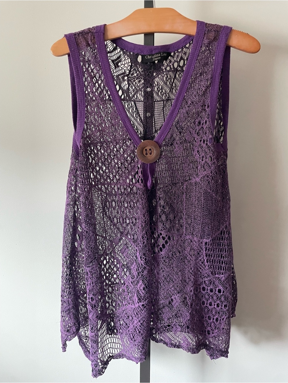 Y2K Vintage Christina Lee France Sheer Open Knit Lace Vest Sleeveless Tunic Top